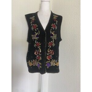 VTG Victoria Jones Black Christmas Holiday Vest Embroidered Beaded Large